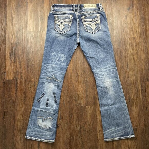 Rock Revival Easy Boot Cut Jeans Women 30 Blue Dark Wash Rhinestone Sequin - Picture 2 of 14